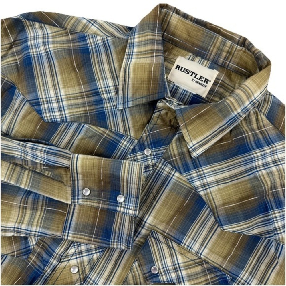 RUSTLER by‎ Wrangler Mens Long Sleeve Snap Shirt blue/tan plaid Western - XL VTG